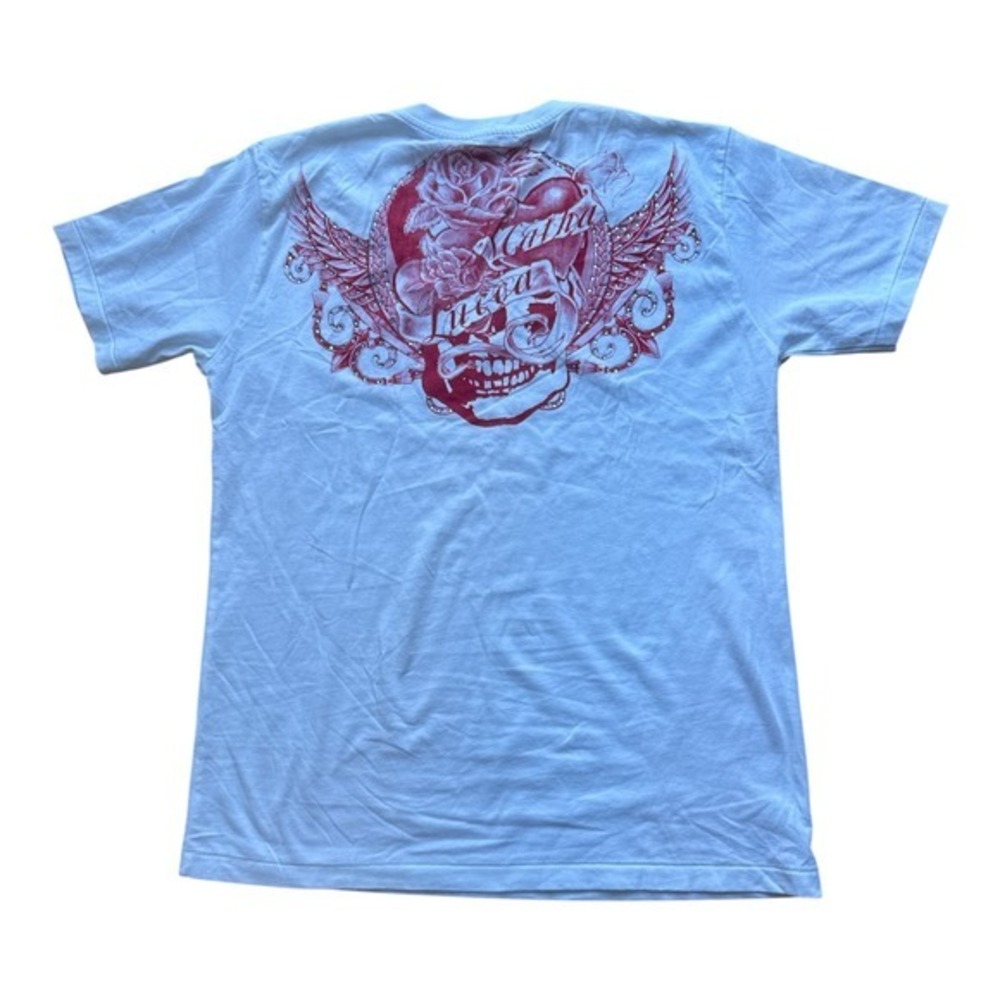 Vtg Matta Lucca London V-Neck Graphic T-Shirt Skull Rose Swarovski Crystal L